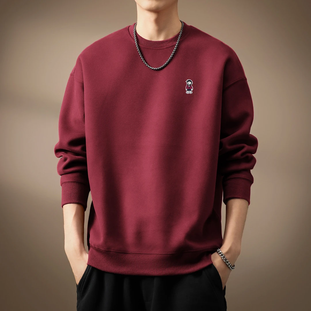 高端国重磅简约刺绣圆领卫衣男士冬季潮牌休闲宽松百搭打底衫上衣