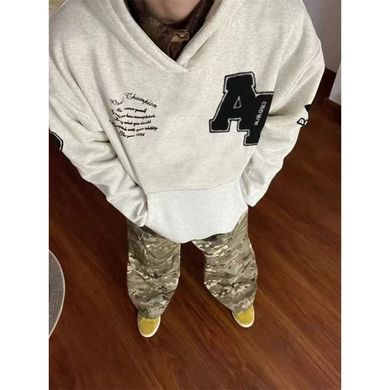 美式国潮街头字母刺绣连帽卫衣男女宽松小众设计感潮牌情侣款上衣