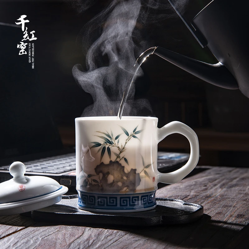 千红窑办公会议室陶瓷带盖套装釉下手绘中式男士茶杯个人高档杯子