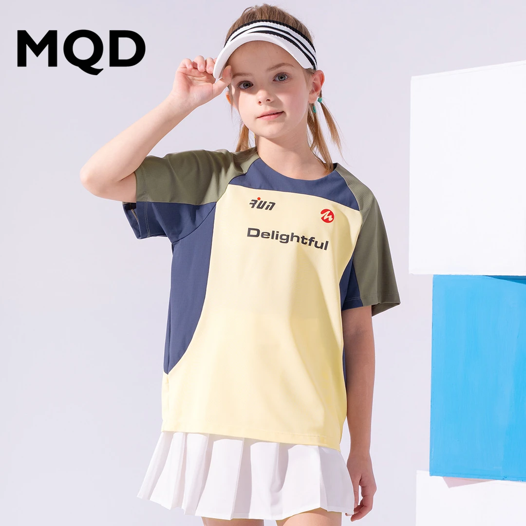 MQD童装男女童运动T恤25夏季美式复古撞色拼接短袖上衣TT25210305