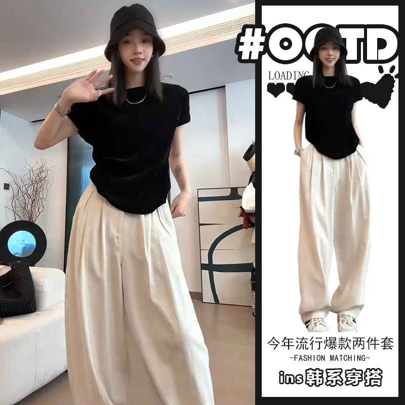 美式别致显气质套装女2025年夏季时尚黑色短袖T恤高腰垂感休闲裤