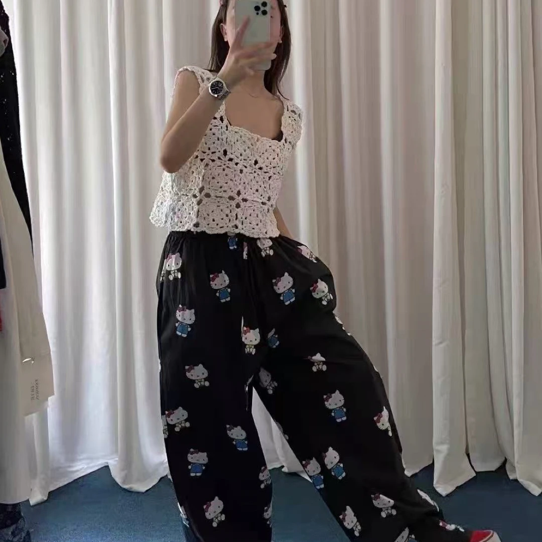 杭州六六档口新款 白色钩花背心图案休闲阔腿裤套装 分开拍