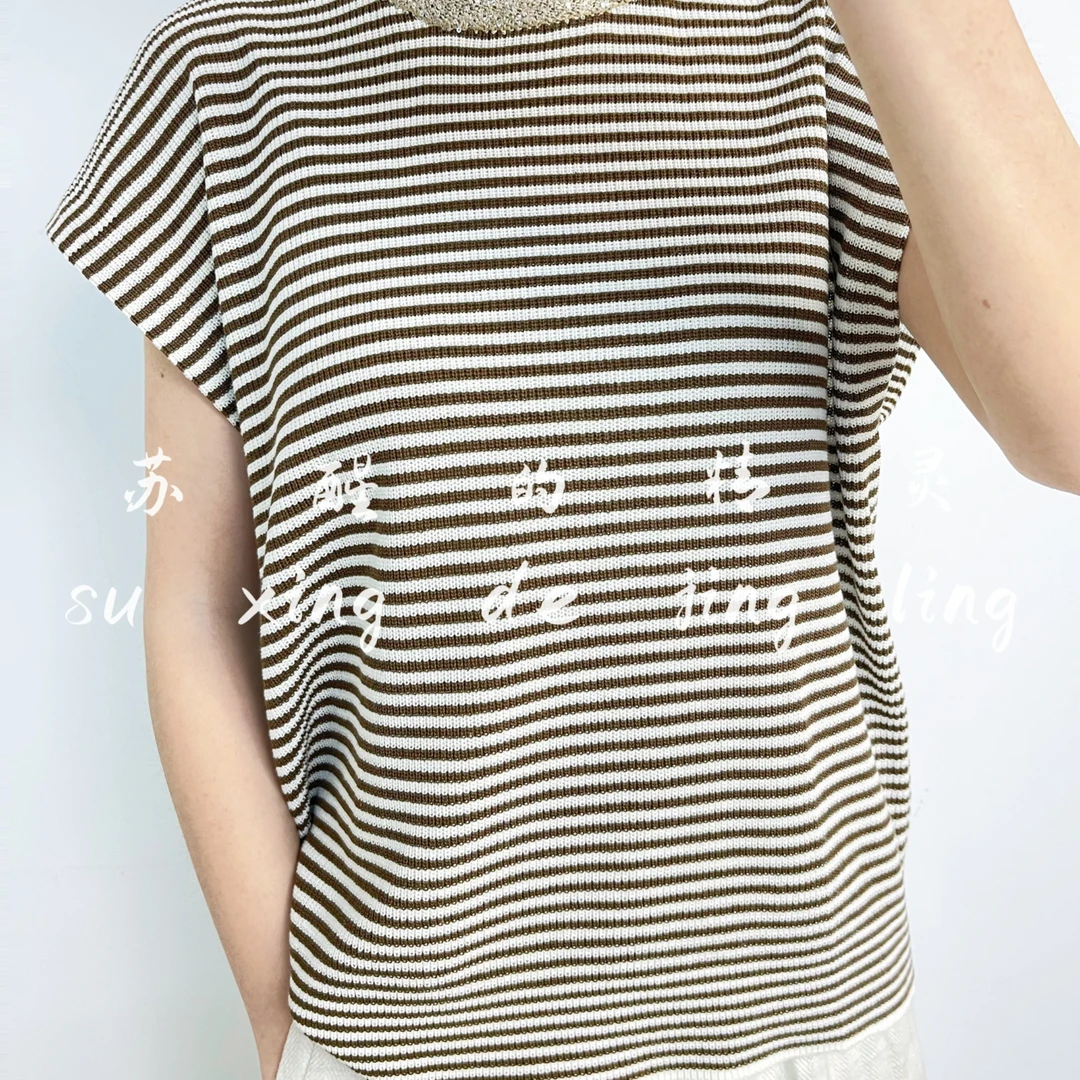 薄款毛针织衫百搭夏季时尚上衣短袖拼接显瘦毛衣套头款条纹气质