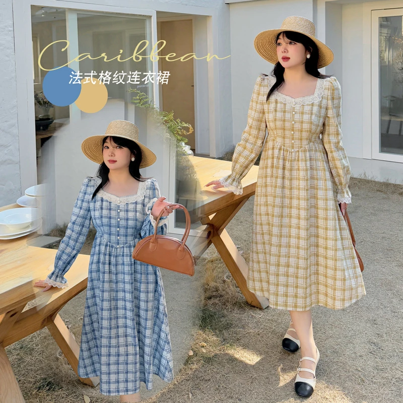 2025大码女装春法式格纹连衣裙文艺清新蕾丝边微胖mm大码连衣裙潮