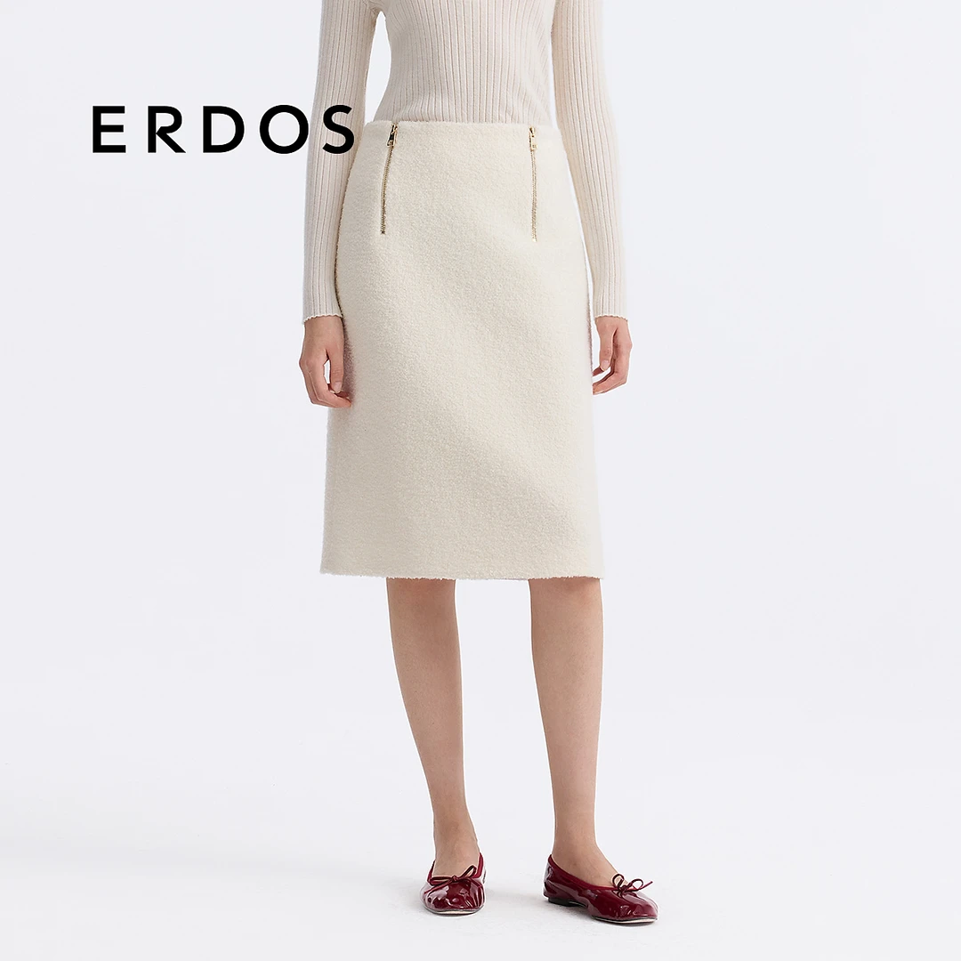 ERDOS 雅致米白羊毛圈圈纱毛呢直身女半裙【巴黎女人】25年春新品