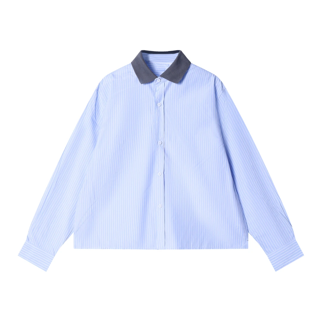 春夏季新款时尚个性韩版设计感撞色条纹衬衫休闲潮流宽松长袖衬衣