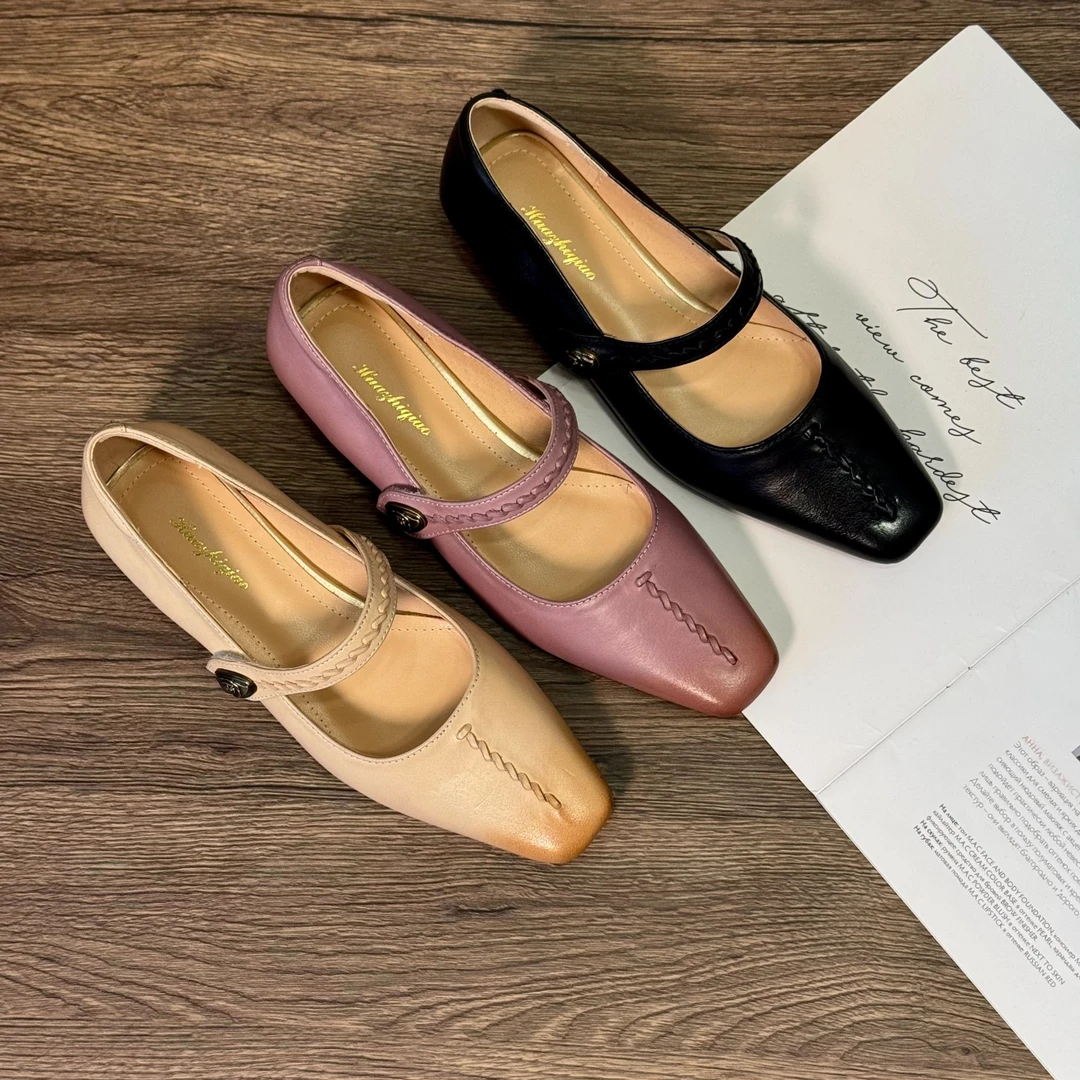 艾慕2025年爆款3cm轻奢链扣百搭小众玛丽珍出游粗跟真皮女单鞋