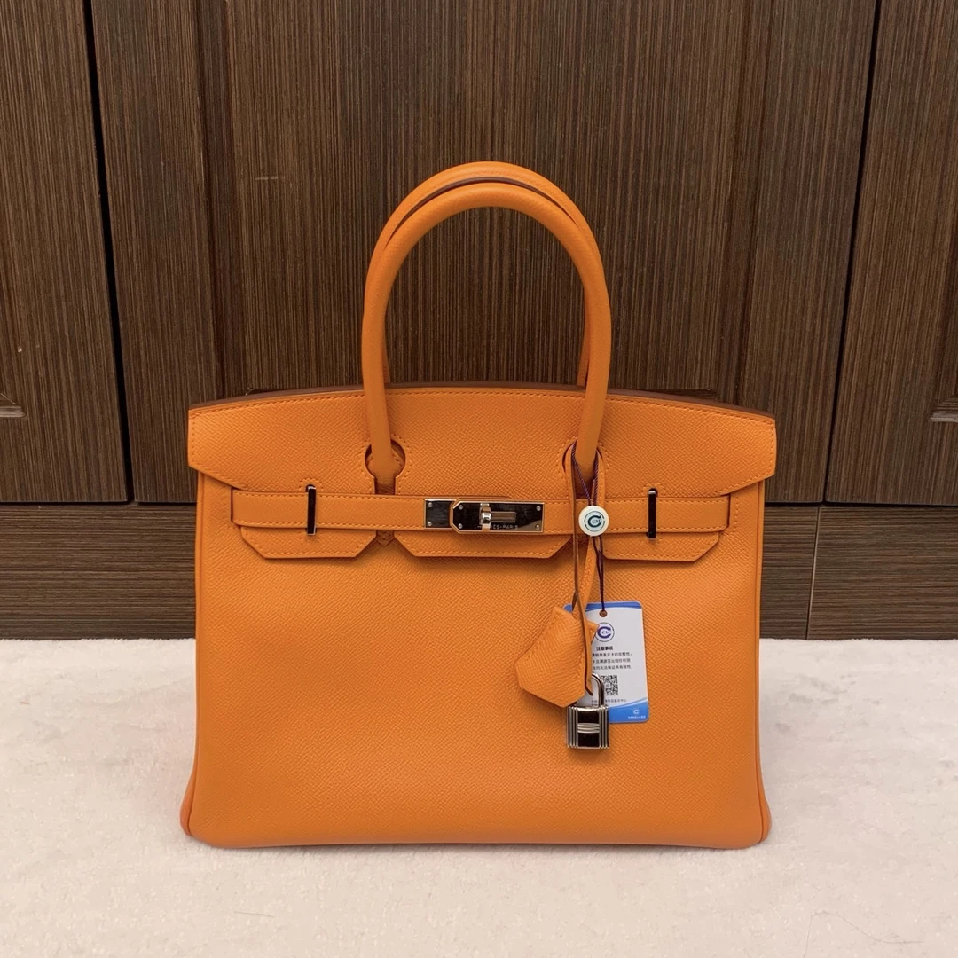 95新 Hermes/爱马仕 橙色银扣Birkin30手提包/二奢