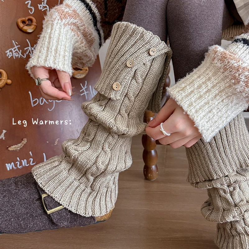 袜套女秋冬款翻边纽扣堆堆袜复古麻花针织加厚保暖叠穿百搭小腿套