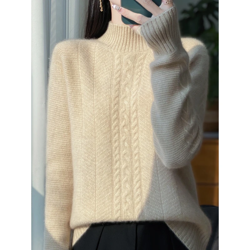 新款100%羊毛半高领七针加厚扭花羊毛衫时尚百搭针织衫