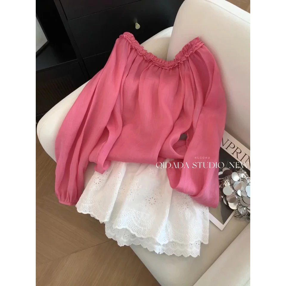 玫红色一字领木耳边衬衫2025夏季洋气显白小众薄款时尚减龄上衣