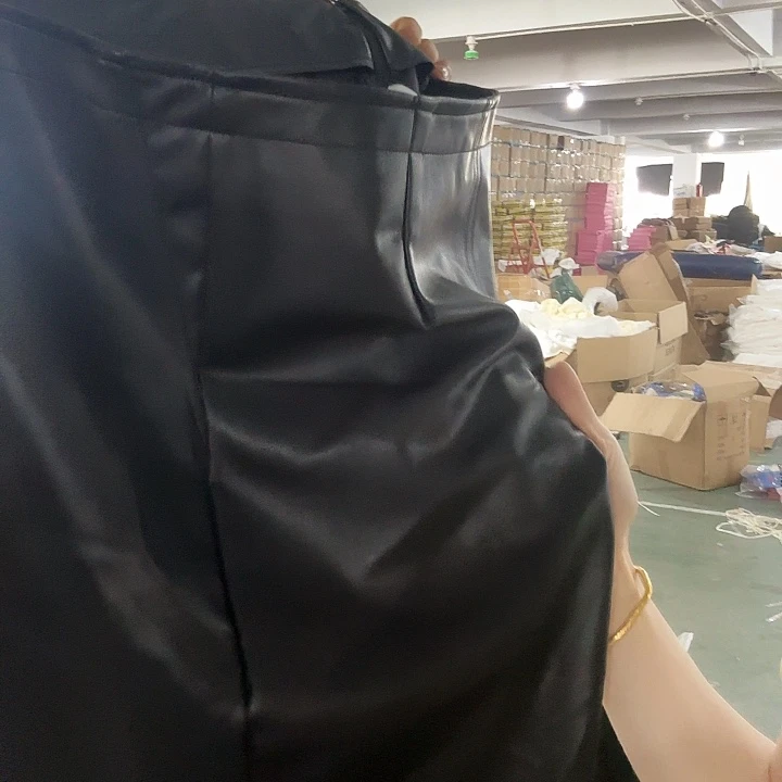 小牛剖层皮革黑色长款皮裙发一