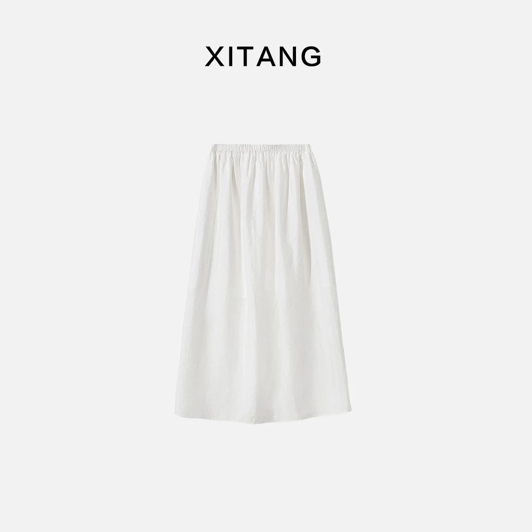 醋酸松紧腰开衩半裙 夏季新款高级感气质百搭包臀中长款半身裙女