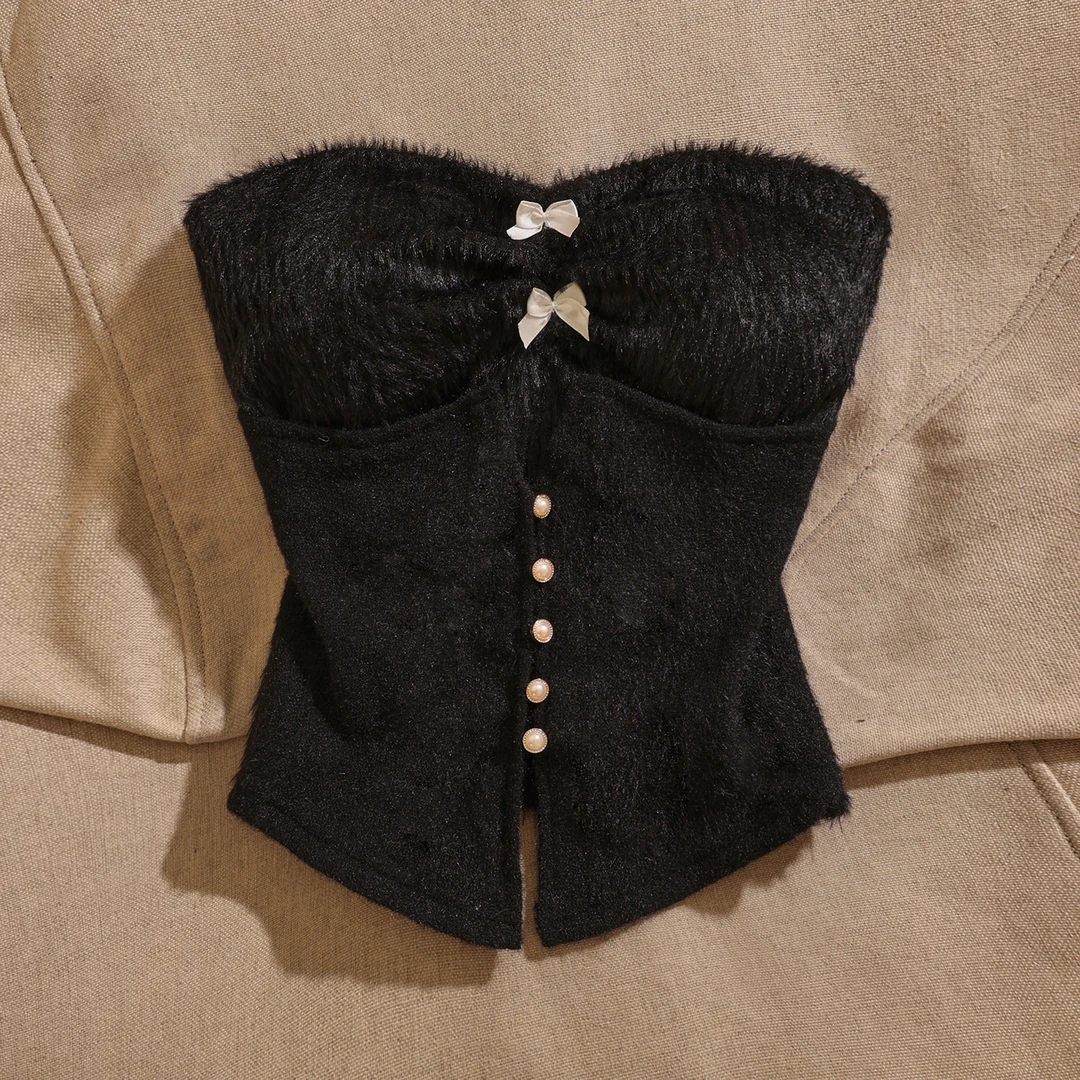 气质百搭毛绒性感蝴蝶结抹胸吊带背心女黑色修身短款外穿纯色上衣