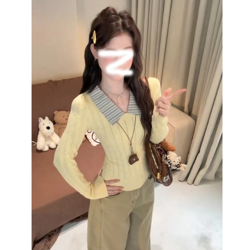 秋冬韩系学院风polo翻领条纹长袖针织衫女高级感慵懒修身内搭毛衣