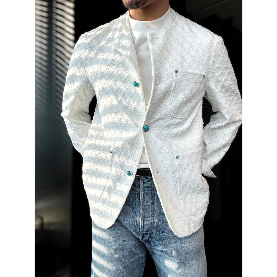 DRUNKCORNER 圆领三贴袋菱形格毛边牛仔夹克绿松石春季上衣牛仔裤