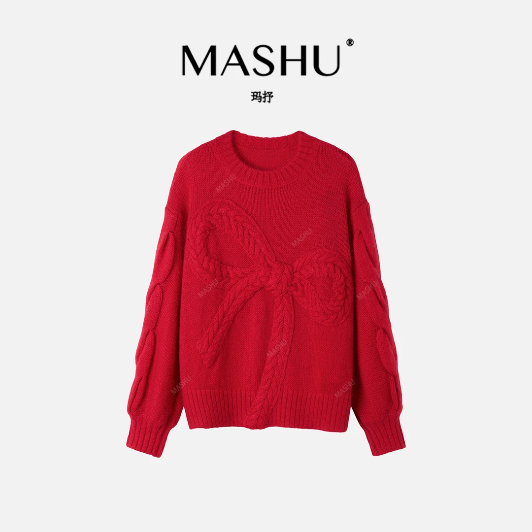 【绒绒织语】红色圆领麻花套头毛衣女2025冬季慵懒休闲保暖长袖上衣