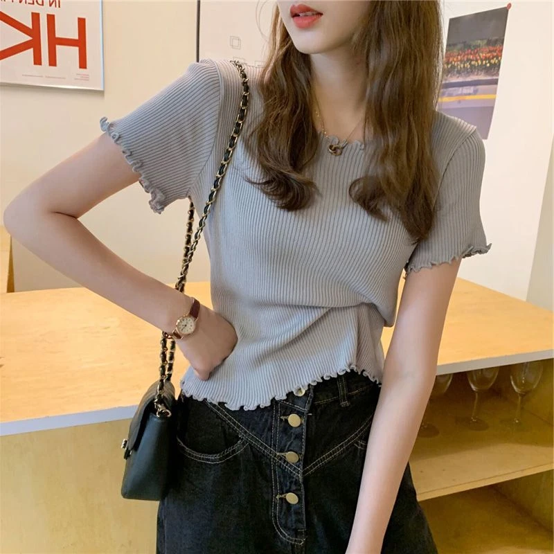 针织衫短款小众圆领洋气2022年夏季女装夏季短袖毛针织衫修身纯色