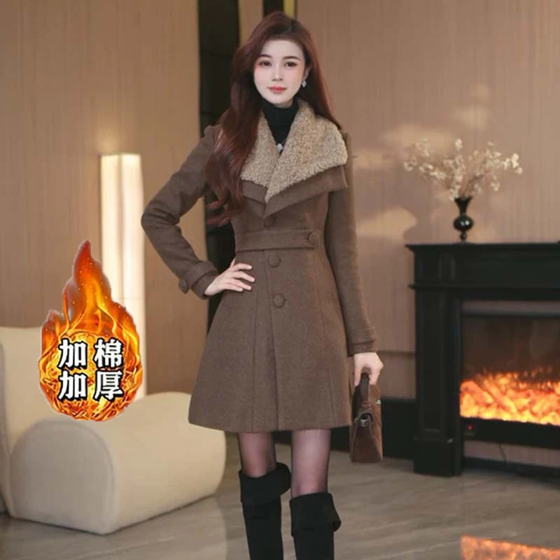 【加棉加厚】咖色大衣大翻领连衣裙女收腰秋冬季新款风衣QY0243