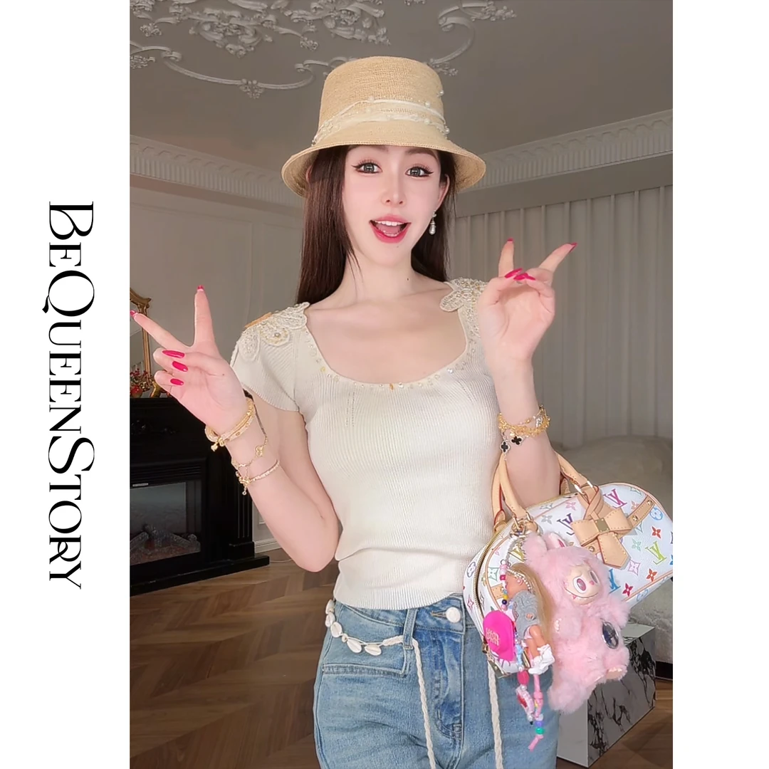 余潇潇【岛屿之恋】重工绣花精纺纱线透气大U领修身针织衫