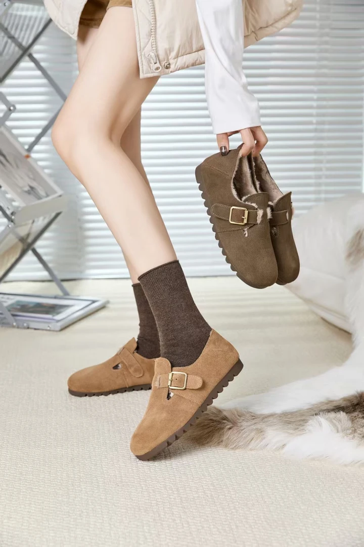 复古勃肯鞋女2025冬季新款时尚百搭磨砂软底懒人鞋加绒加厚