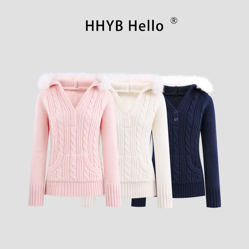 HHYB Hello2025秋季新款百搭慵懒氛围连帽绞花毛衣针织卫衣M1617