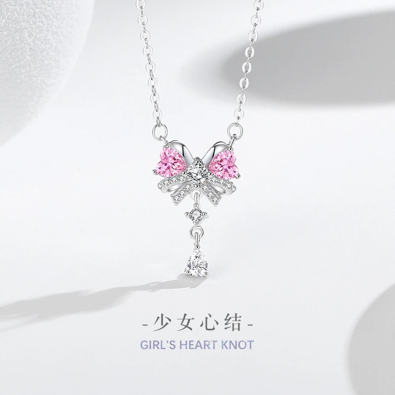 铜锆石吊坠 蝴蝶结纯银925项链女小众设计轻奢款流苏锆石锁骨链爱