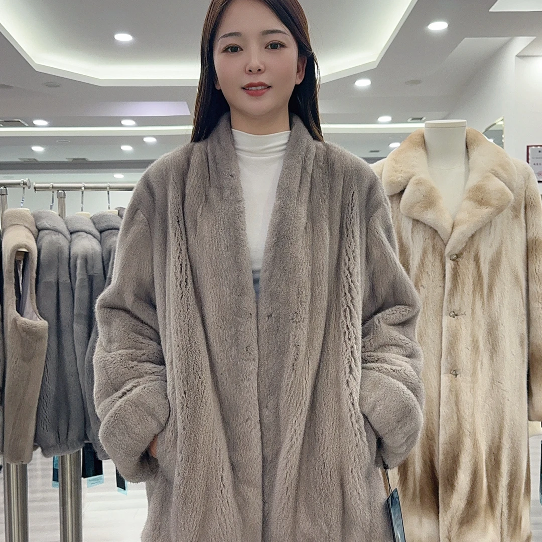 女士女款潮流时尚V领水貂皮挽袖银蓝本色全分刀75长