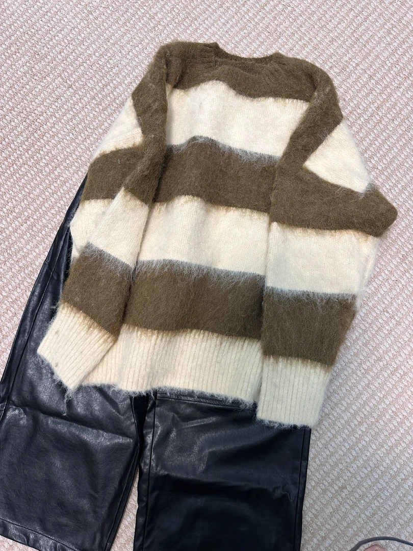 刷毛条纹毛衣女秋冬2025新款冬季慵懒宽松复古软糯圆领针织上衣