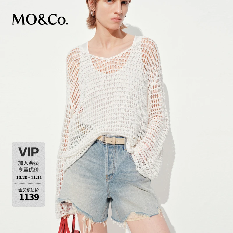MOCO针织衫2025夏新品丝光长绒棉编织镂空落肩V领轻薄MBE2SWT013