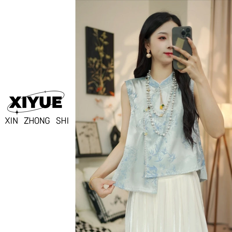 【青竹】新中式斜襟无袖提花时尚小众百搭马甲