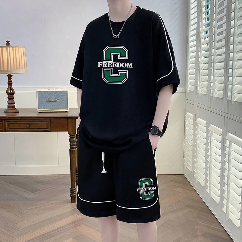 夏季套装冰丝短袖t恤男2025新款青少年初中生学生大童休闲运动服