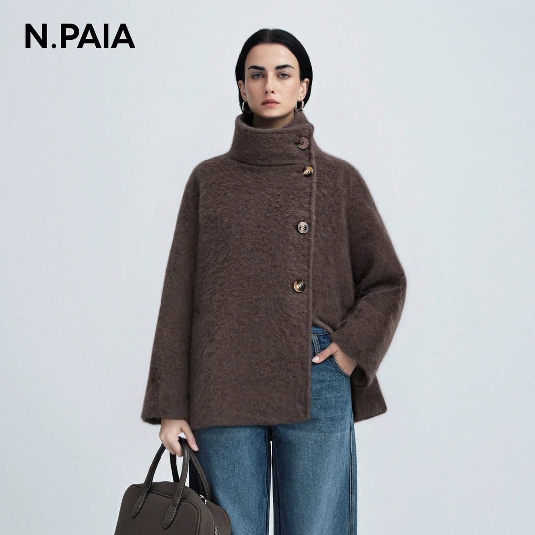 恩派雅2025秋冬新款立领斜扣宽松廓形毛呢外套女XWKIW8304A