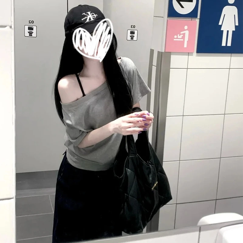 辣妹性感斜露肩短袖t恤女夏季新款灰色修身显瘦短款上衣百搭体恤