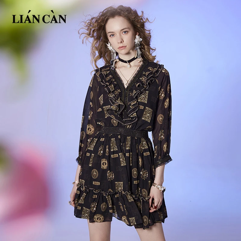 莲灿2024年春季新原创设计师印花花瓣摆雪纺连衣裙71AN224015