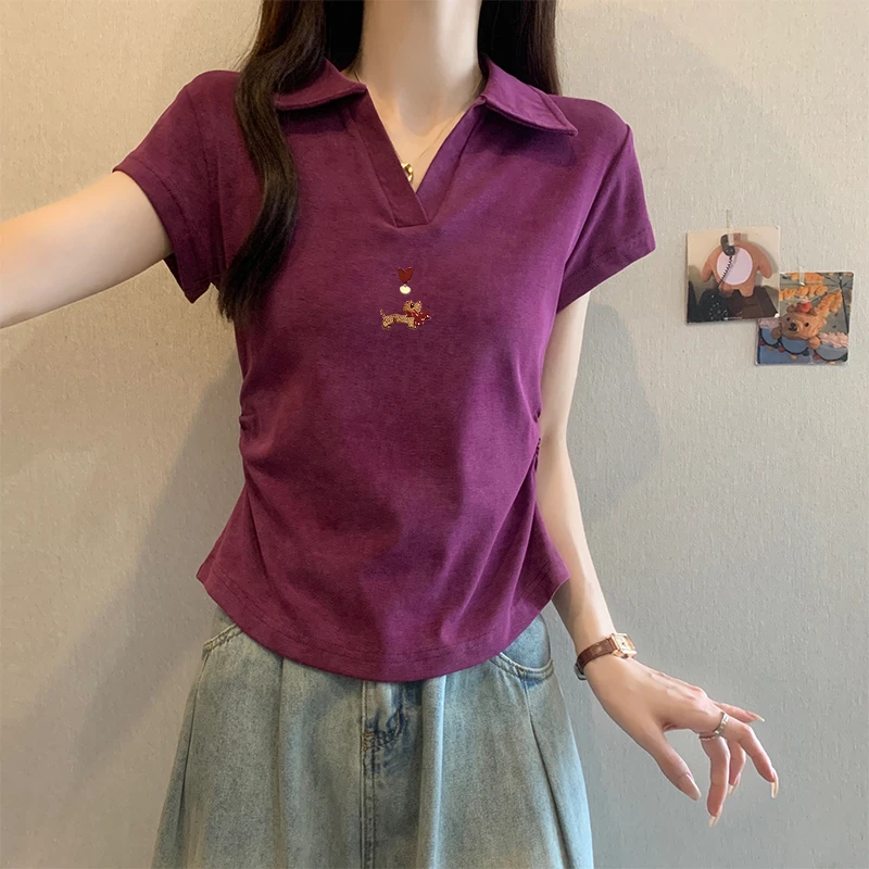 2025新款夏季紫色扎染POLO领短袖t恤女甜辣修身短款正肩洋气上衣