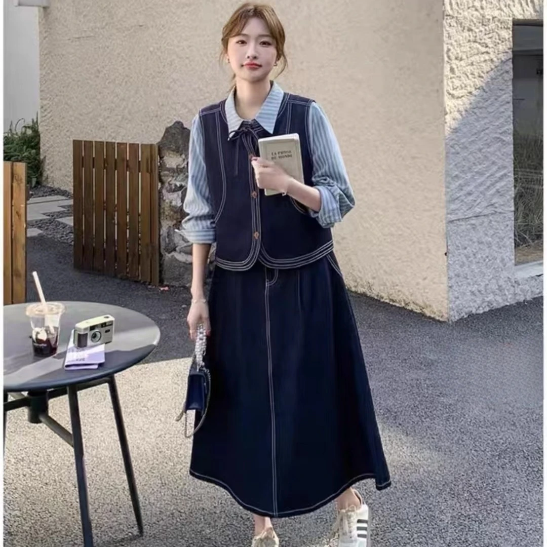 减龄深蓝色牛仔无袖马甲与长袖衬衫伞裙时尚套装
