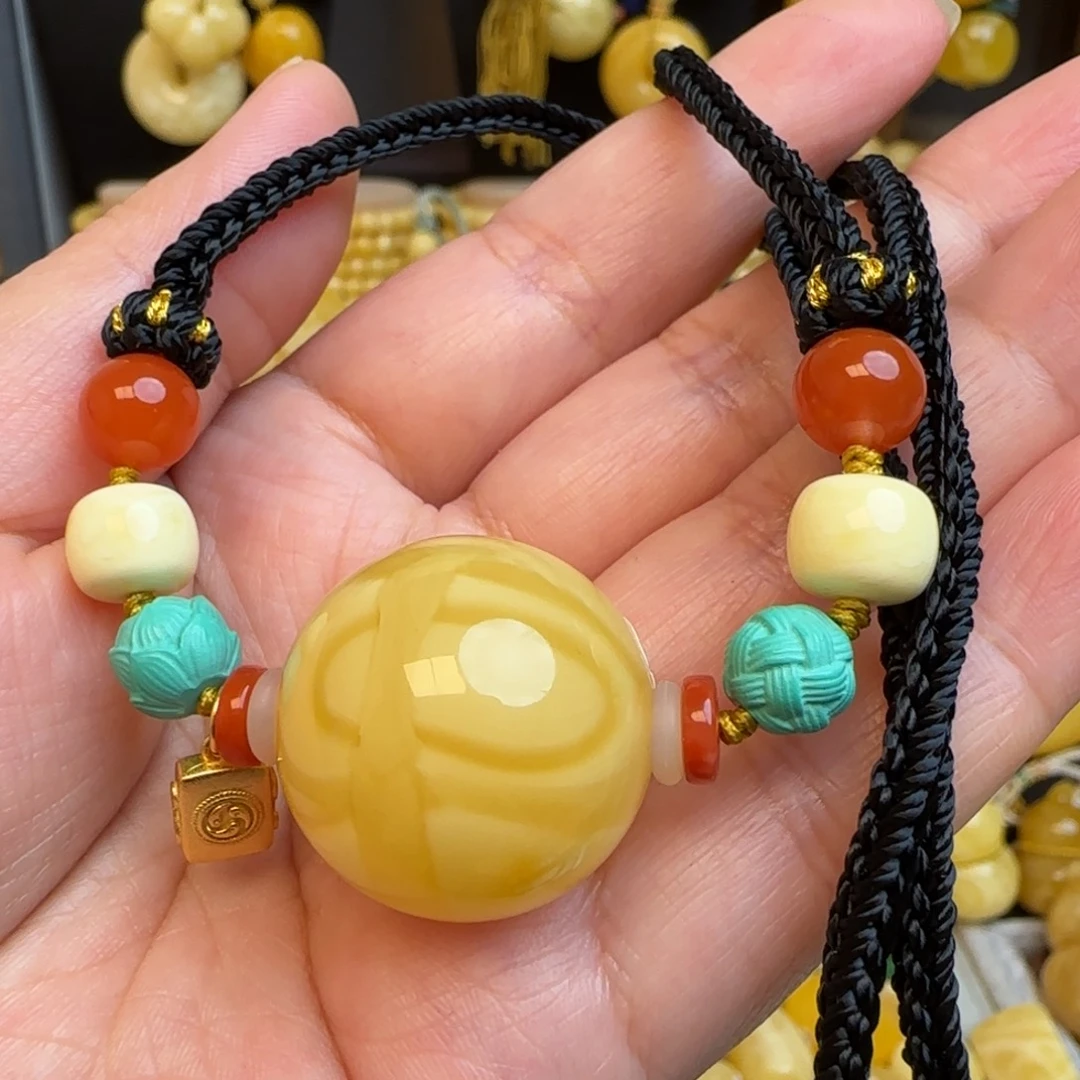 琥珀套链未镶嵌天然俄料浓蜡妖花蜜蜡圆珠锁骨