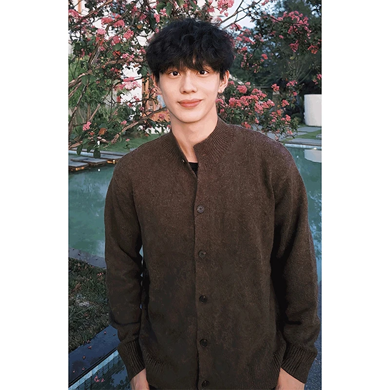 深棕色老钱风开衫毛衣男款秋季cleanfit慵懒风针织衫高级感外套