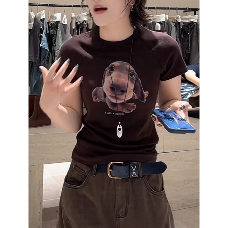 黑色辣妹腊肠狗印花正肩短袖t恤女夏设计感修身紧身显瘦短款上衣