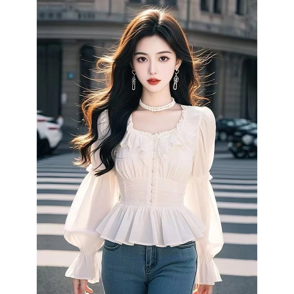 韩系高级感白色荷叶领收腰衬衫女超好看独特漂亮上衣2025春季新款