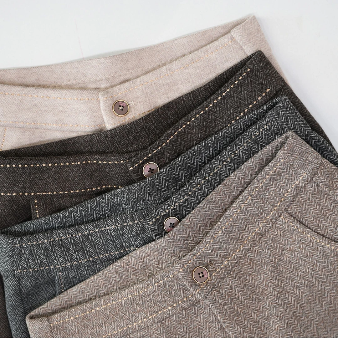 莱尔夫人3776窄版羊毛人字纹直筒裤秋冬垂感宽松毛呢裤