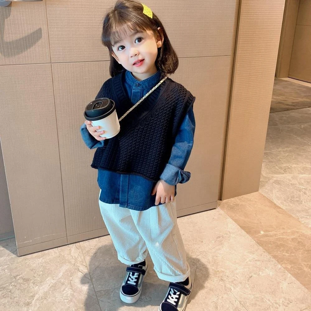 女童套装2025春秋新款洋气炸街儿童中大童牛仔衬衫马甲灯芯绒长裤