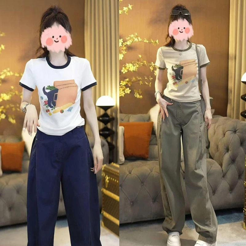 2025夏季设计感手工串珠印花T恤上衣显瘦百搭休闲直筒裤气质套装