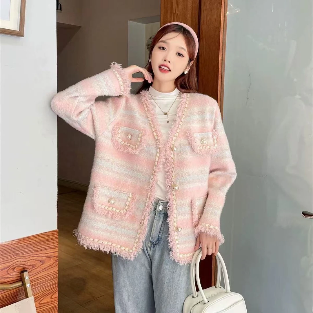 法式小香风V领针织开衫外套女秋冬新款高级短款上衣外套F339