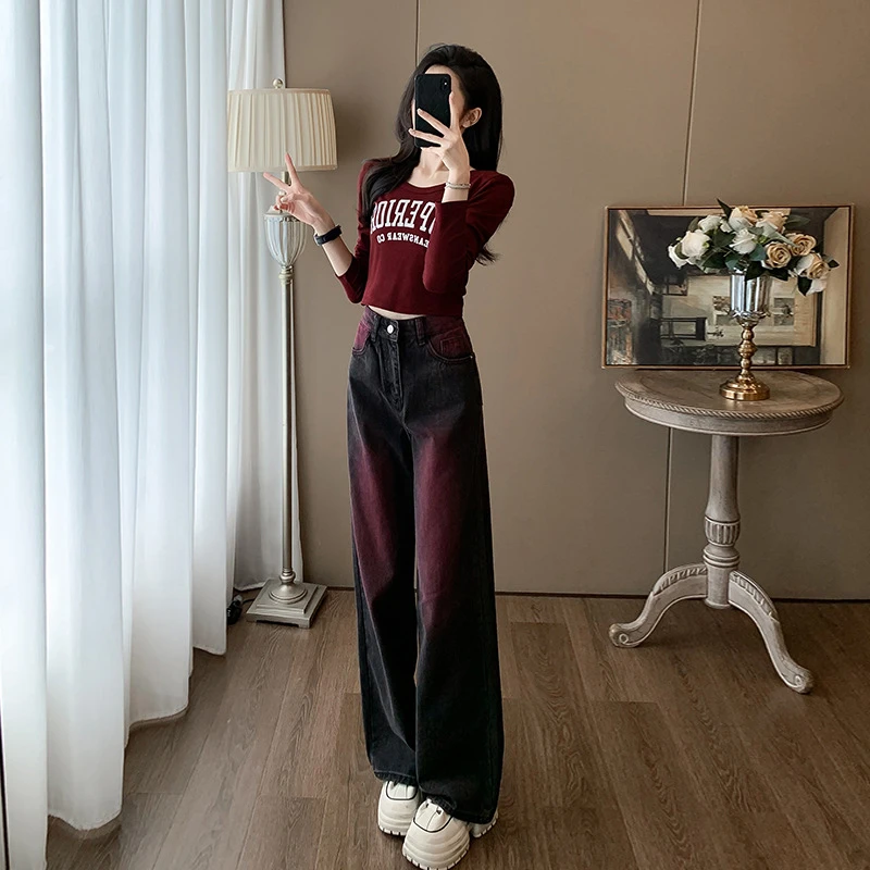 韩版字母印花U领设计感长袖T恤女春季2025新款套装牛仔裤搭配