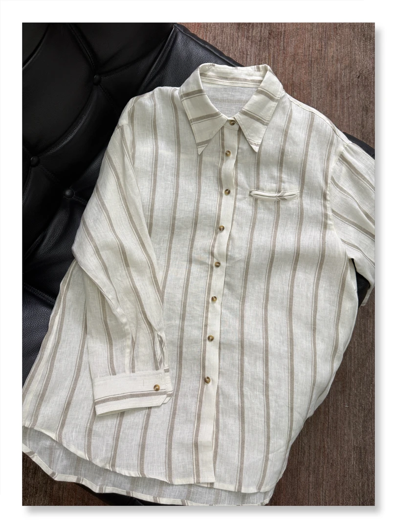 Uninhabitable条纹亚麻衬衫法式宽松老钱风松弛感女装贵气衬衣