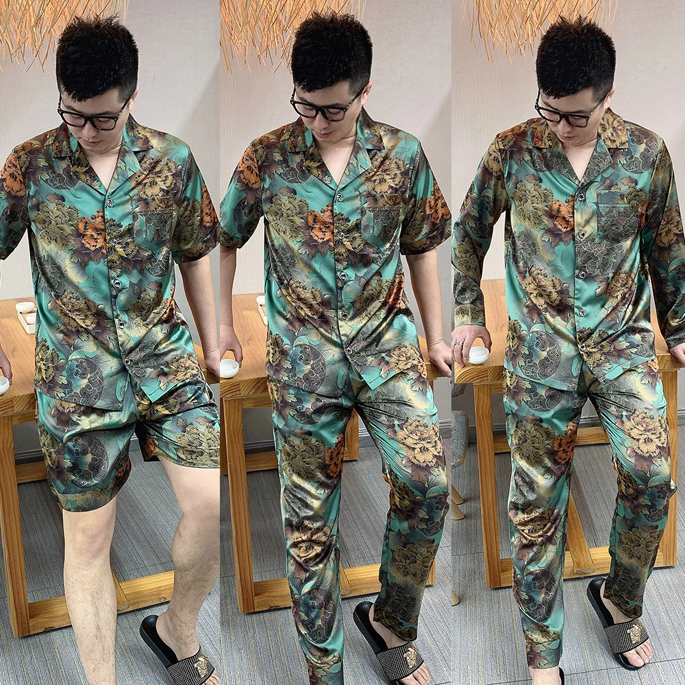 大码男士印花冰丝睡衣套装2025夏季丝滑高品质可外穿休闲家居服潮