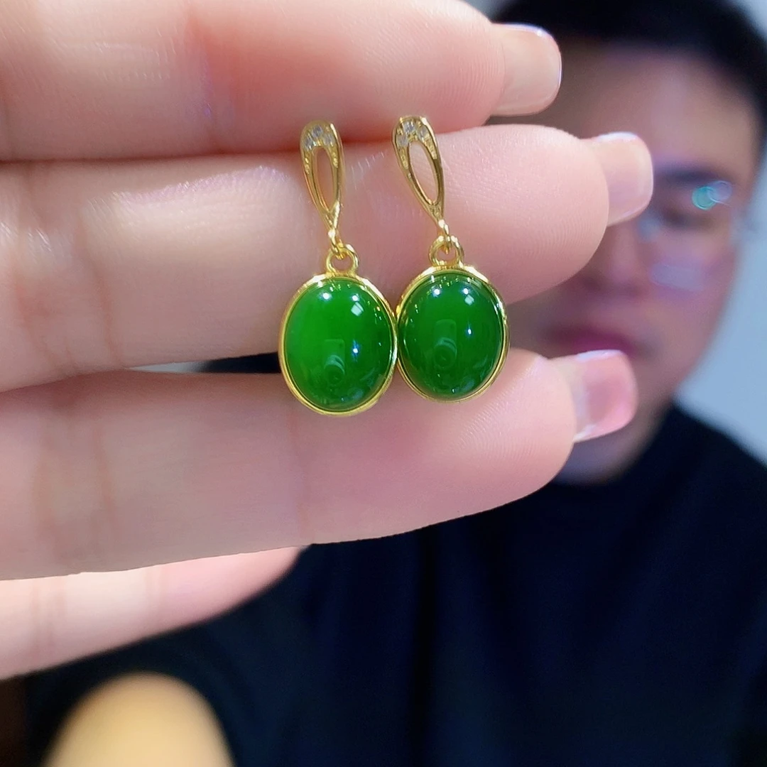和田玉（碧玉）耳饰银S925镀金镶嵌
