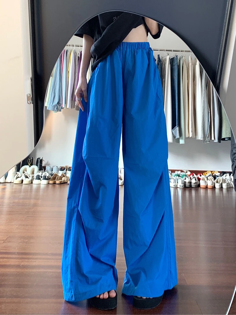 多巴胺蓝色休闲裤女夏季高腰设计感直筒伞兵裤子宽松垂感阔腿长裤